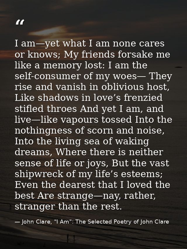 I am—yet what I am none cares or knows; My friends forsake me like a memory lost: I am the self-consumer of my woes— The — John Clare, "I Am": The Selected Poetry of John Clare