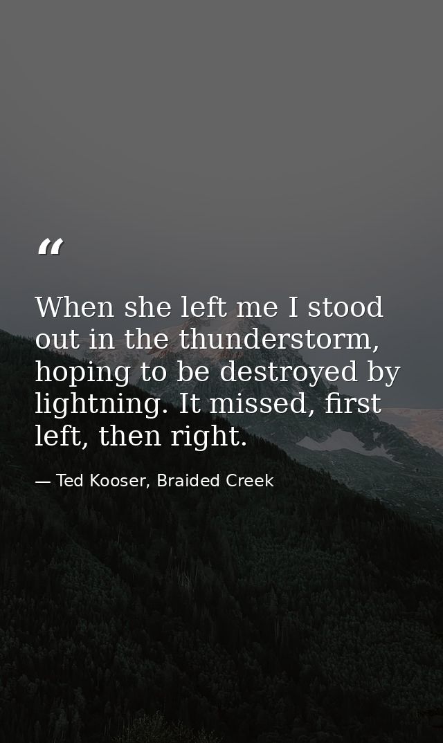 When she left me I stood out in the thunderstorm, hoping to be destroyed by lightning. It missed, first left, then right — Ted Kooser, Braided Creek