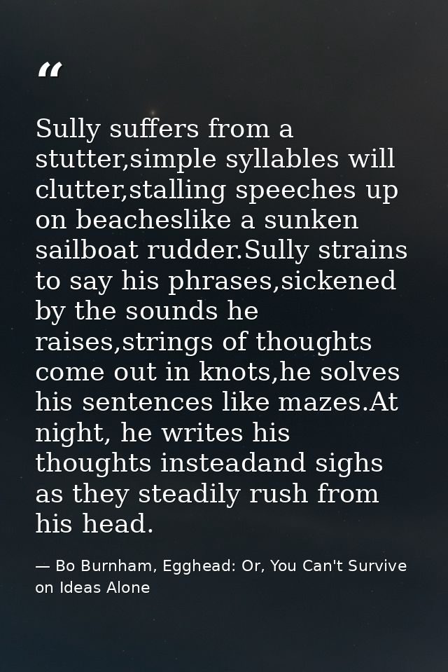 Sully suffers from a stutter,simple syllables will clutter,stalling speeches up on beacheslike a sunken sailboat rudder. — Bo Burnham, Egghead: Or, You Can't Survive on Ideas Alone
