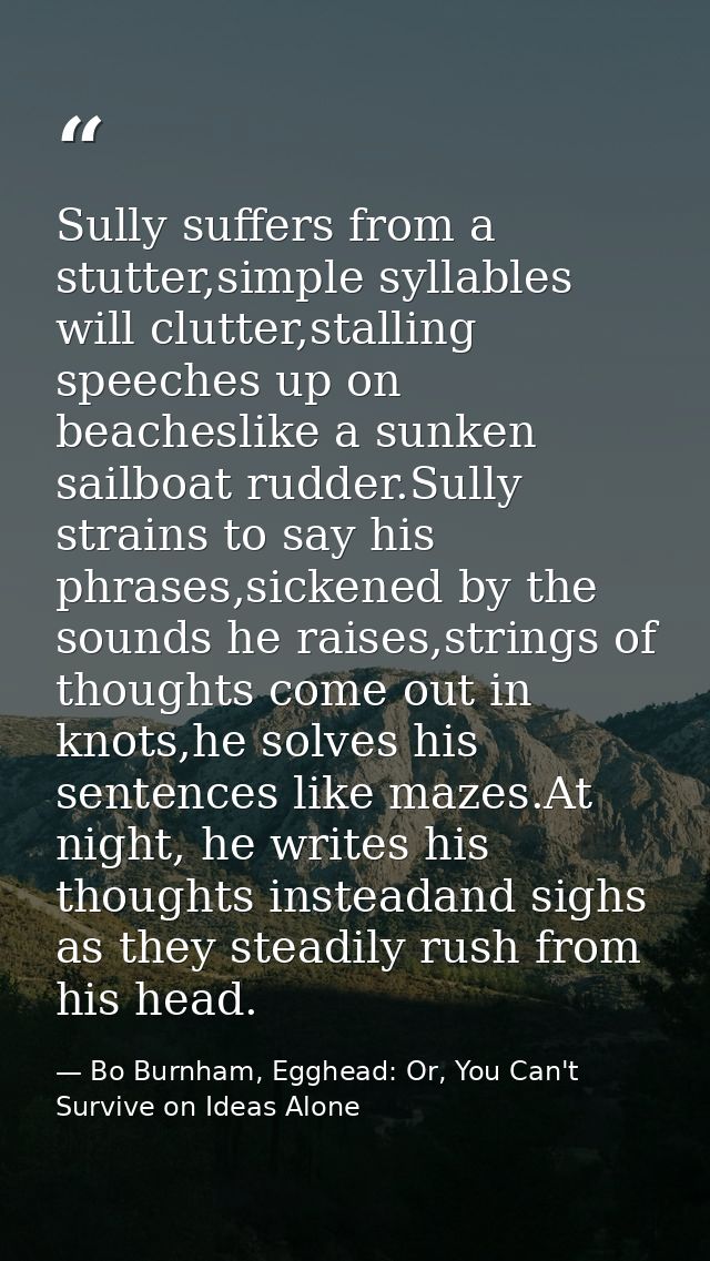 Sully suffers from a stutter,simple syllables will clutter,stalling speeches up on beacheslike a sunken sailboat rudder. — Bo Burnham, Egghead: Or, You Can't Survive on Ideas Alone