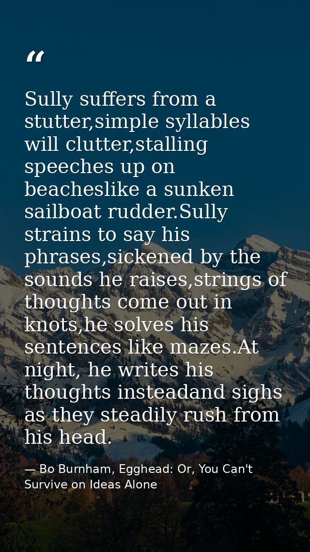 Sully suffers from a stutter,simple syllables will clutter,stalling speeches up on beacheslike a sunken sailboat rudder. — Bo Burnham, Egghead: Or, You Can't Survive on Ideas Alone