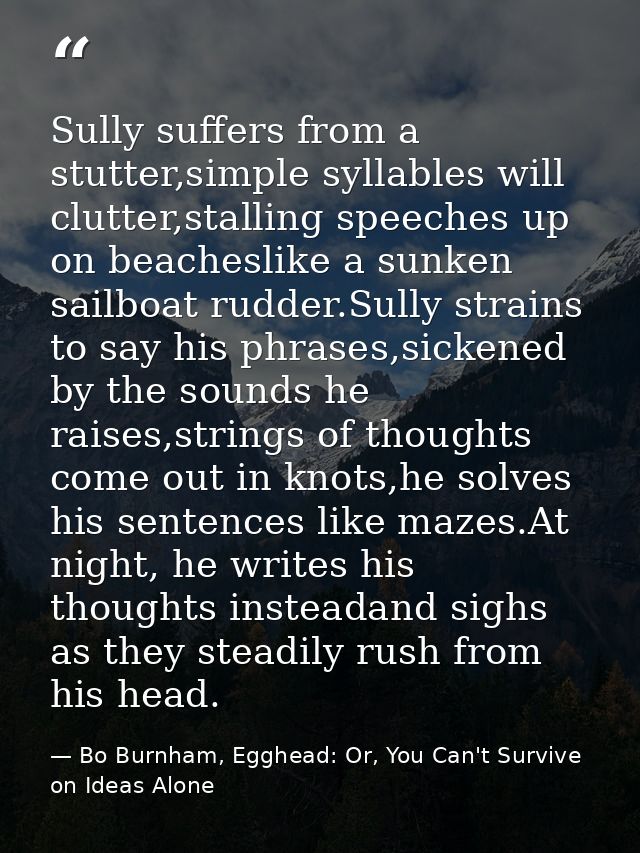 Sully suffers from a stutter,simple syllables will clutter,stalling speeches up on beacheslike a sunken sailboat rudder. — Bo Burnham, Egghead: Or, You Can't Survive on Ideas Alone