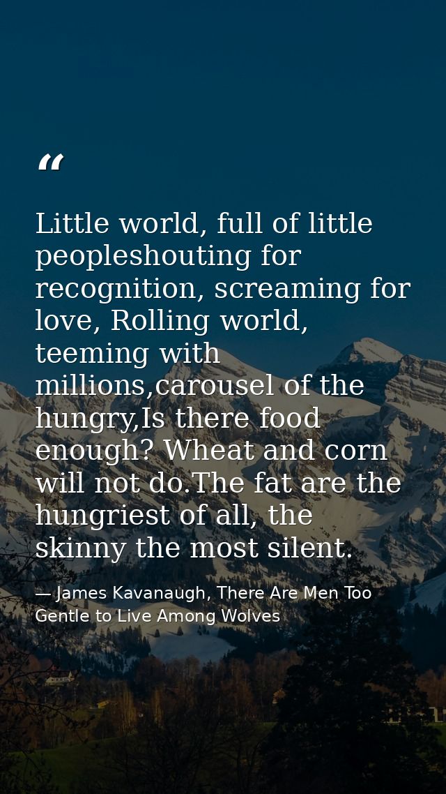 Little world, full of little peopleshouting for recognition, screaming for love, Rolling world, teeming with millions,ca — James Kavanaugh, There Are Men Too Gentle to Live Among Wolves