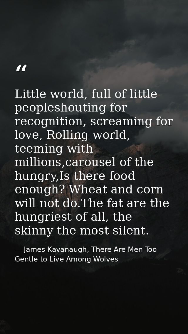 Little world, full of little peopleshouting for recognition, screaming for love, Rolling world, teeming with millions,ca — James Kavanaugh, There Are Men Too Gentle to Live Among Wolves
