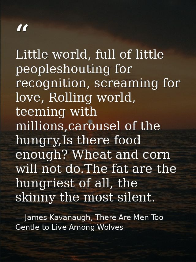Little world, full of little peopleshouting for recognition, screaming for love, Rolling world, teeming with millions,ca — James Kavanaugh, There Are Men Too Gentle to Live Among Wolves
