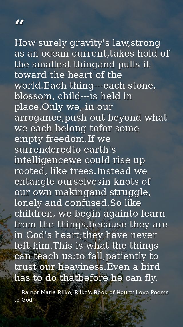 How surely gravity's law,strong as an ocean current,takes hold of the smallest thingand pulls it toward the heart of the — Rainer Maria Rilke, Rilke's Book of Hours: Love Poems to God