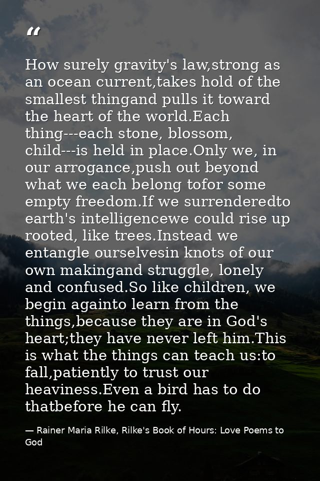 How surely gravity's law,strong as an ocean current,takes hold of the smallest thingand pulls it toward the heart of the — Rainer Maria Rilke, Rilke's Book of Hours: Love Poems to God