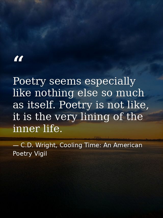 Poetry seems especially like nothing else so much as itself. Poetry is not like, it is the very lining of the inner life — C.D. Wright, Cooling Time: An American Poetry Vigil