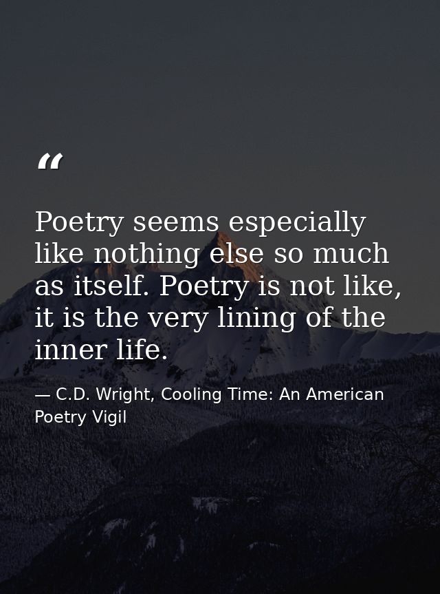 Poetry seems especially like nothing else so much as itself. Poetry is not like, it is the very lining of the inner life — C.D. Wright, Cooling Time: An American Poetry Vigil