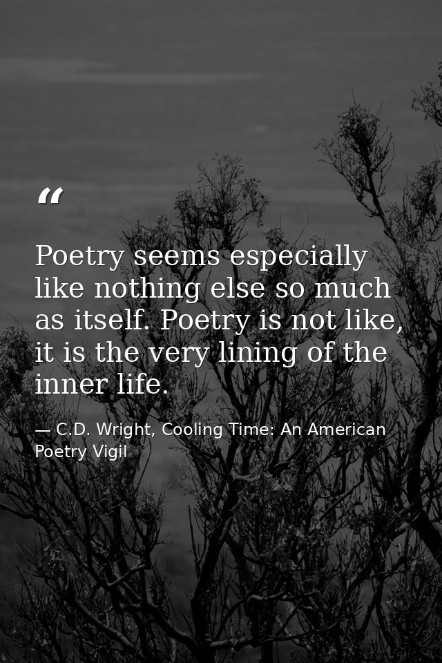 Poetry seems especially like nothing else so much as itself. Poetry is not like, it is the very lining of the inner life — C.D. Wright, Cooling Time: An American Poetry Vigil