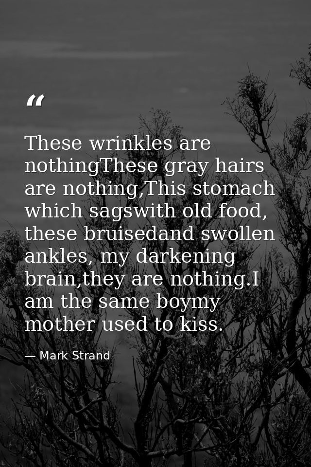 These wrinkles are nothingThese gray hairs are nothing,This stomach which sagswith old food, these bruisedand swollen an — Mark Strand