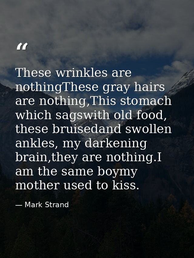 These wrinkles are nothingThese gray hairs are nothing,This stomach which sagswith old food, these bruisedand swollen an — Mark Strand