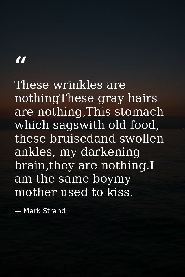 These wrinkles are nothingThese gray hairs are nothing,This stomach which sagswith old food, these bruisedand swollen an — Mark Strand
