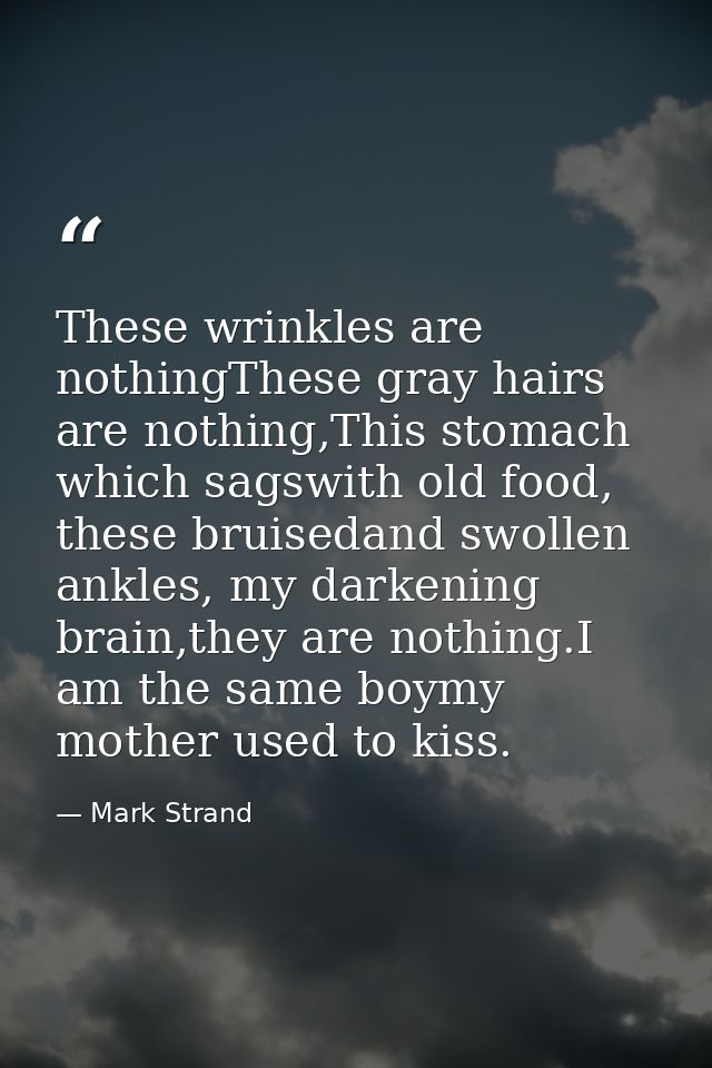 These wrinkles are nothingThese gray hairs are nothing,This stomach which sagswith old food, these bruisedand swollen an — Mark Strand