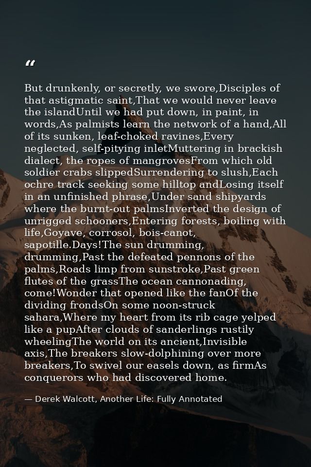 But drunkenly, or secretly, we swore,Disciples of that astigmatic saint,That we would never leave the islandUntil we had — Derek Walcott, Another Life: Fully Annotated