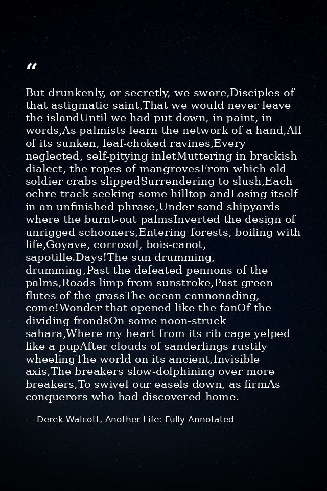 But drunkenly, or secretly, we swore,Disciples of that astigmatic saint,That we would never leave the islandUntil we had — Derek Walcott, Another Life: Fully Annotated