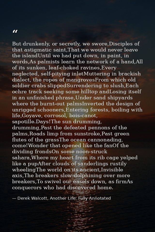 But drunkenly, or secretly, we swore,Disciples of that astigmatic saint,That we would never leave the islandUntil we had — Derek Walcott, Another Life: Fully Annotated