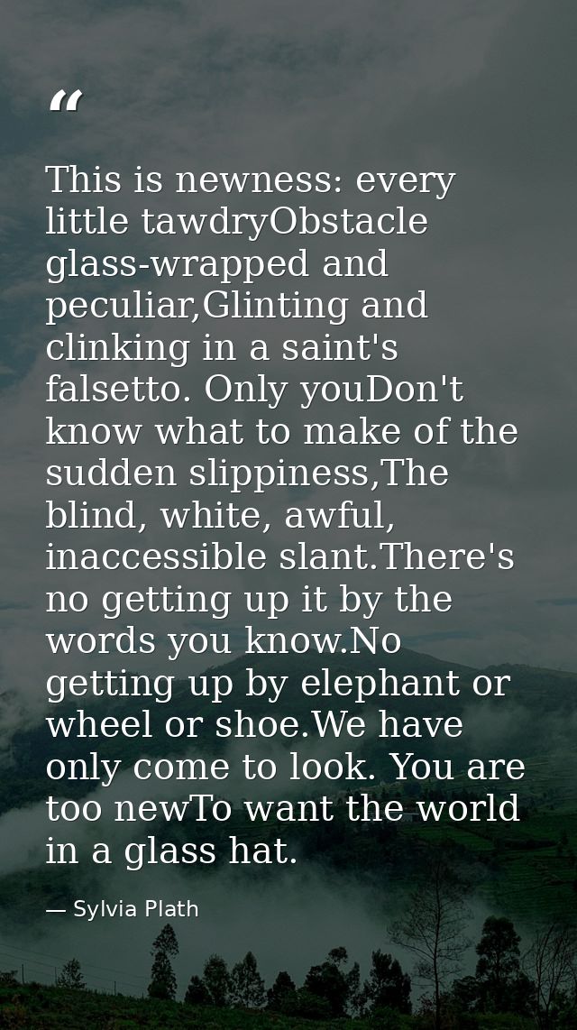 This is newness: every little tawdryObstacle glass-wrapped and peculiar,Glinting and clinking in a saint's falsetto. Onl — Sylvia Plath