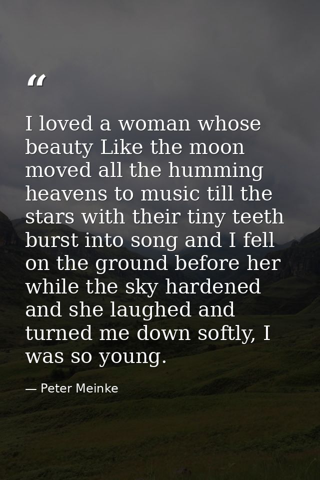I loved a woman whose beauty Like the moon moved all the humming heavens to music till the stars with their tiny teeth b — Peter Meinke