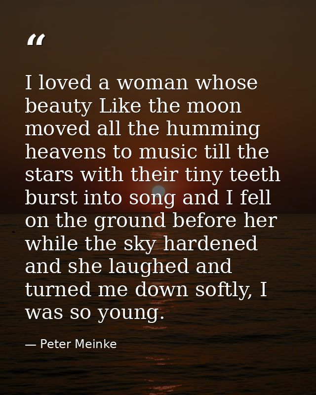 I loved a woman whose beauty Like the moon moved all the humming heavens to music till the stars with their tiny teeth b — Peter Meinke