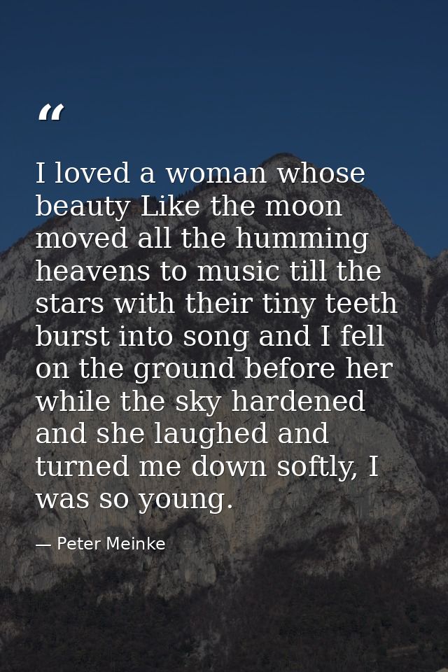 I loved a woman whose beauty Like the moon moved all the humming heavens to music till the stars with their tiny teeth b — Peter Meinke