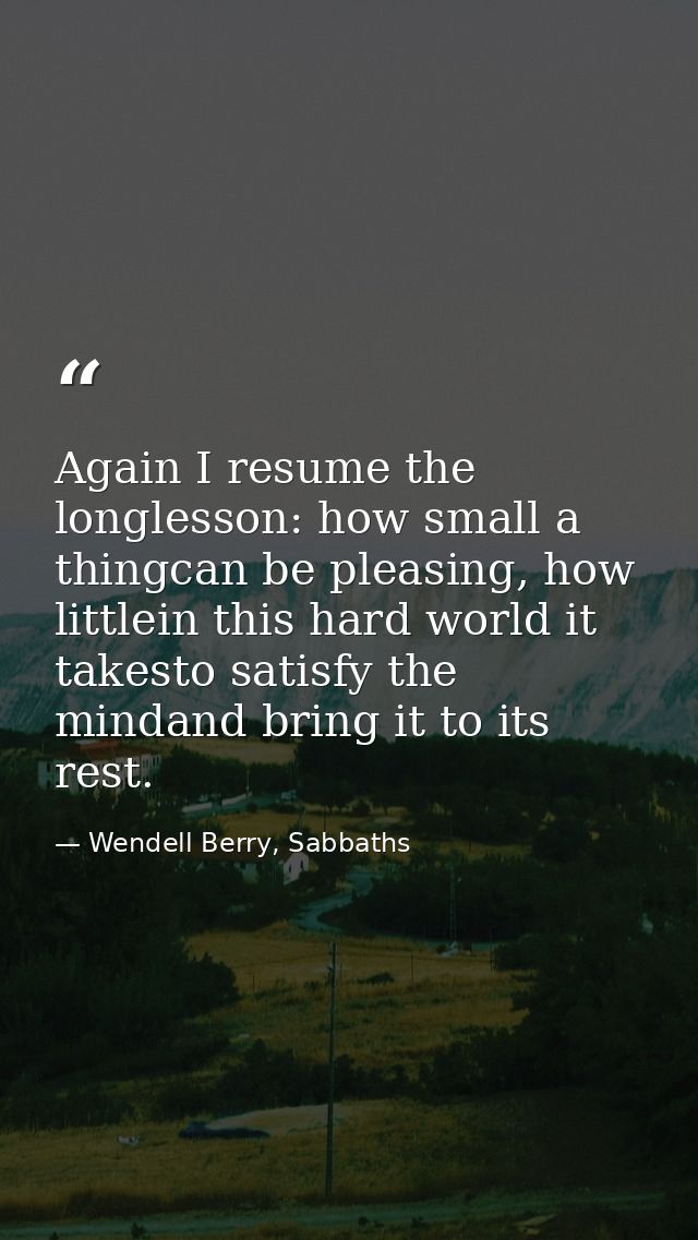 Again I resume the longlesson: how small a thingcan be pleasing, how littlein this hard world it takesto satisfy the min — Wendell Berry, Sabbaths