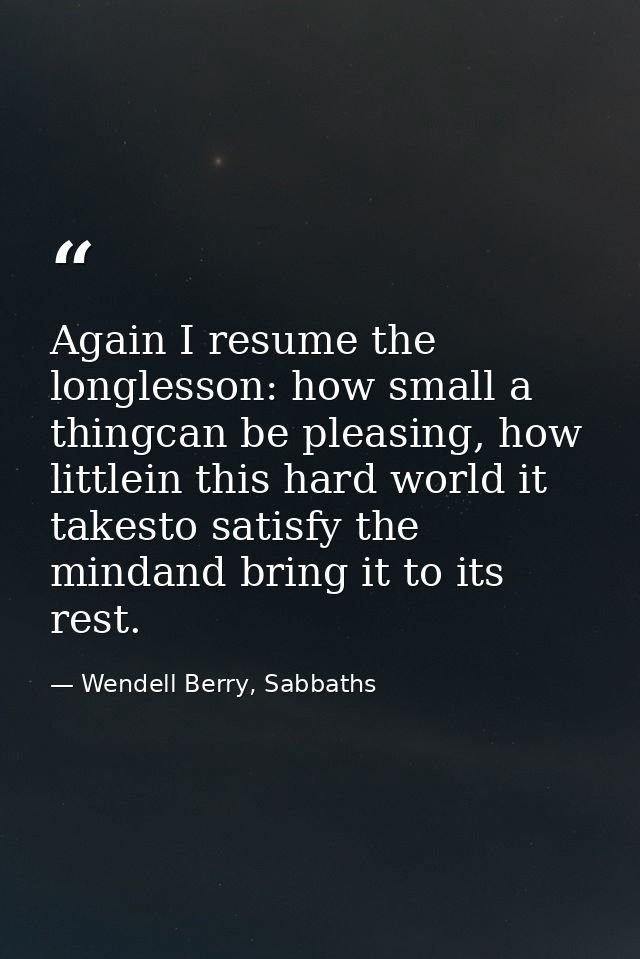 Again I resume the longlesson: how small a thingcan be pleasing, how littlein this hard world it takesto satisfy the min — Wendell Berry, Sabbaths