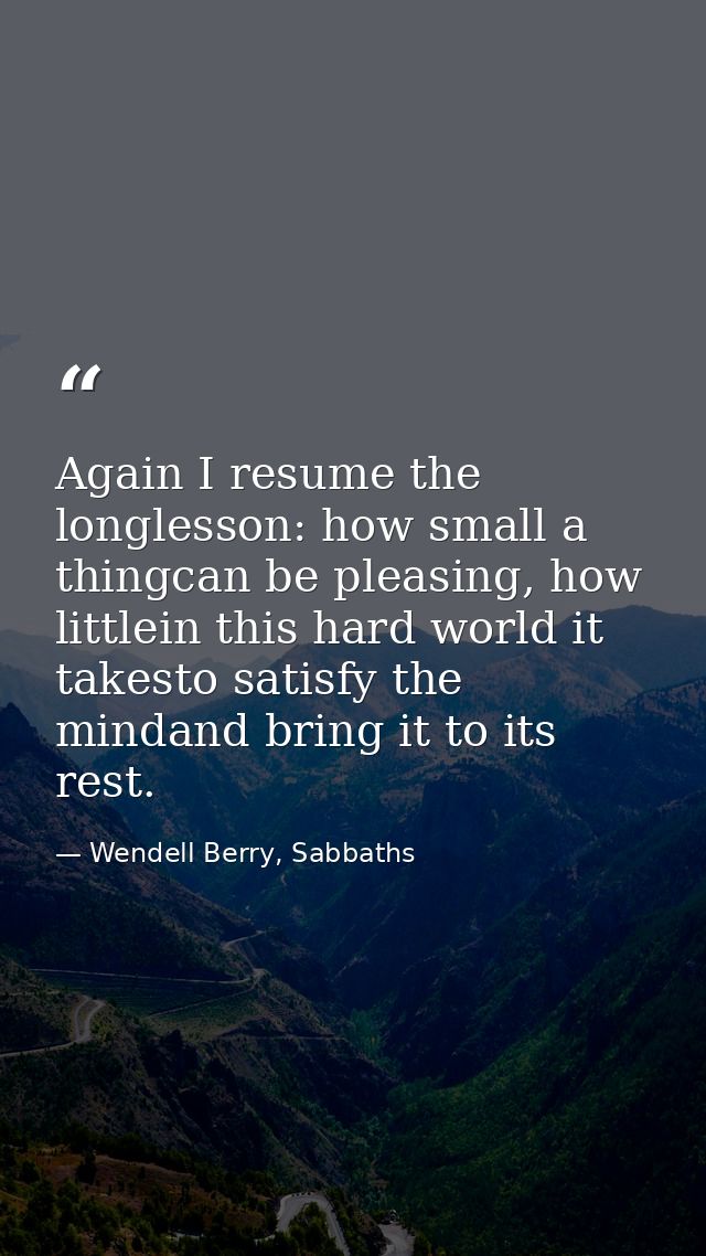 Again I resume the longlesson: how small a thingcan be pleasing, how littlein this hard world it takesto satisfy the min — Wendell Berry, Sabbaths
