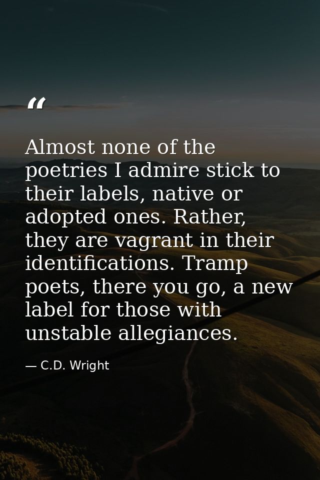 Almost none of the poetries I admire stick to their labels, native or adopted ones. Rather, they are vagrant in their id — C.D. Wright
