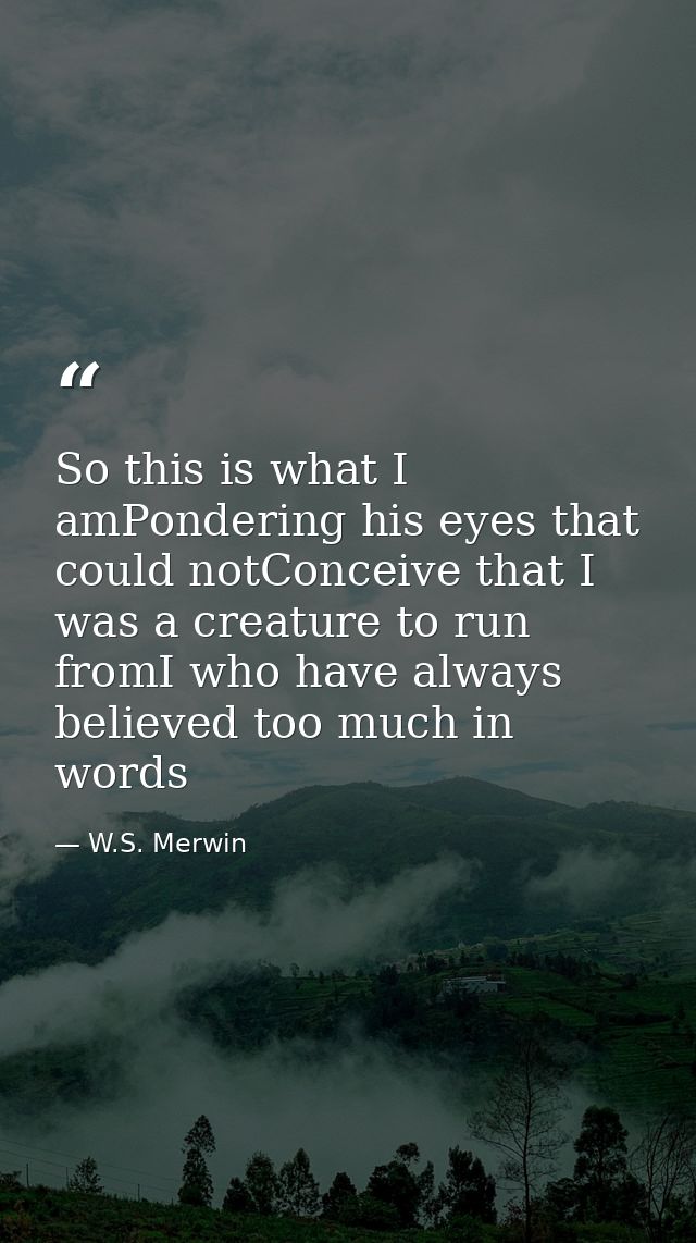 So this is what I amPondering his eyes that could notConceive that I was a creature to run fromI who have always believe — W.S. Merwin