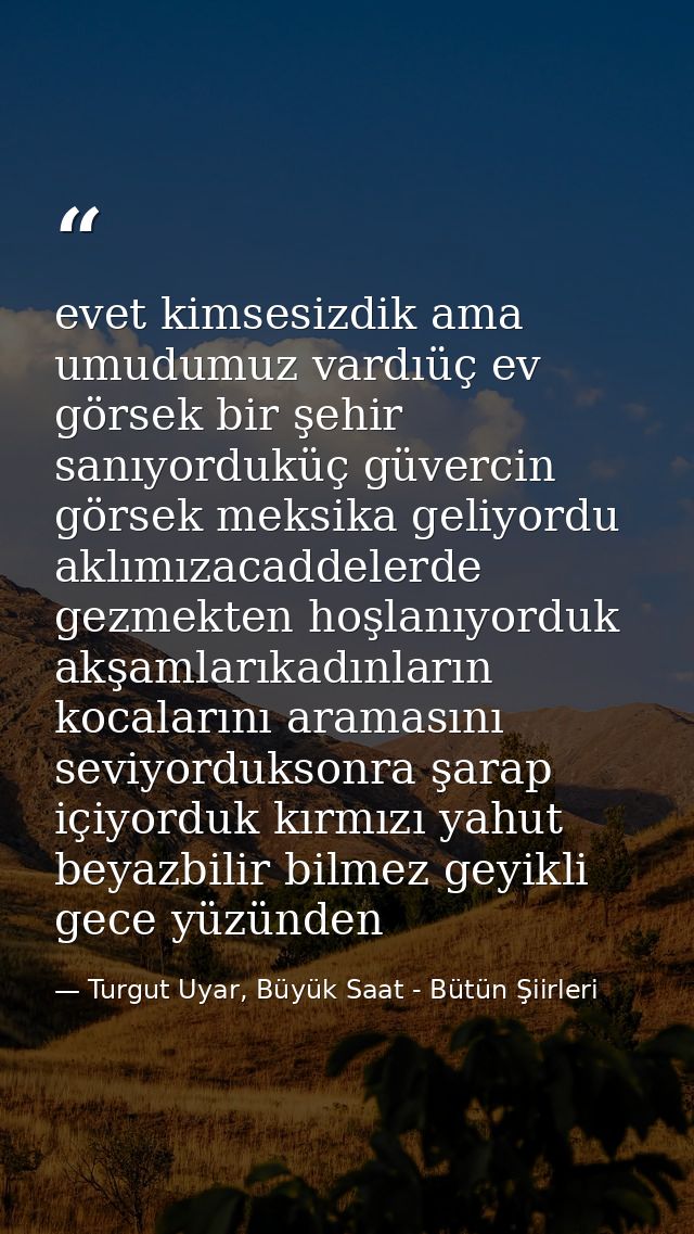 evet kimsesizdik ama umudumuz vardıüç ev görsek bir şehir sanıyorduküç güvercin görsek meksika geliyordu aklımızacaddele — Turgut Uyar, Büyük Saat - Bütün Şiirleri