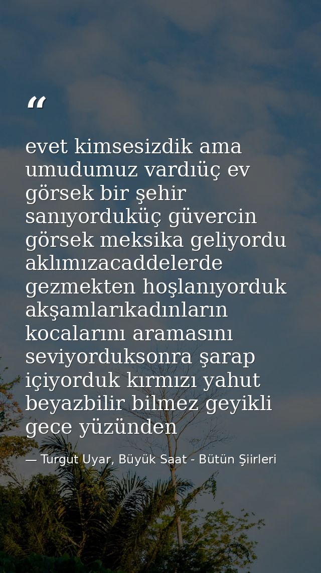 evet kimsesizdik ama umudumuz vardıüç ev görsek bir şehir sanıyorduküç güvercin görsek meksika geliyordu aklımızacaddele — Turgut Uyar, Büyük Saat - Bütün Şiirleri