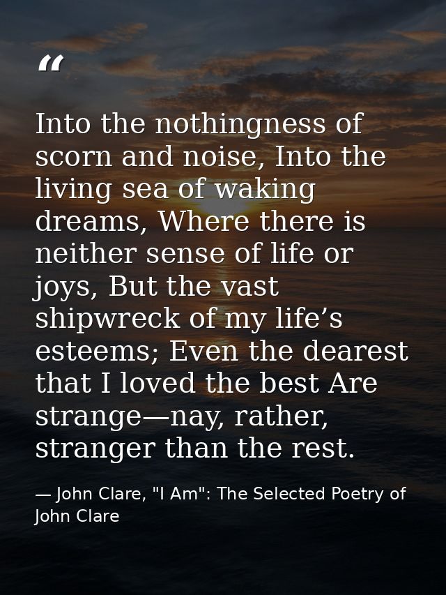 Into the nothingness of scorn and noise, Into the living sea of waking dreams, Where there is neither sense of life or j — John Clare, "I Am": The Selected Poetry of John Clare