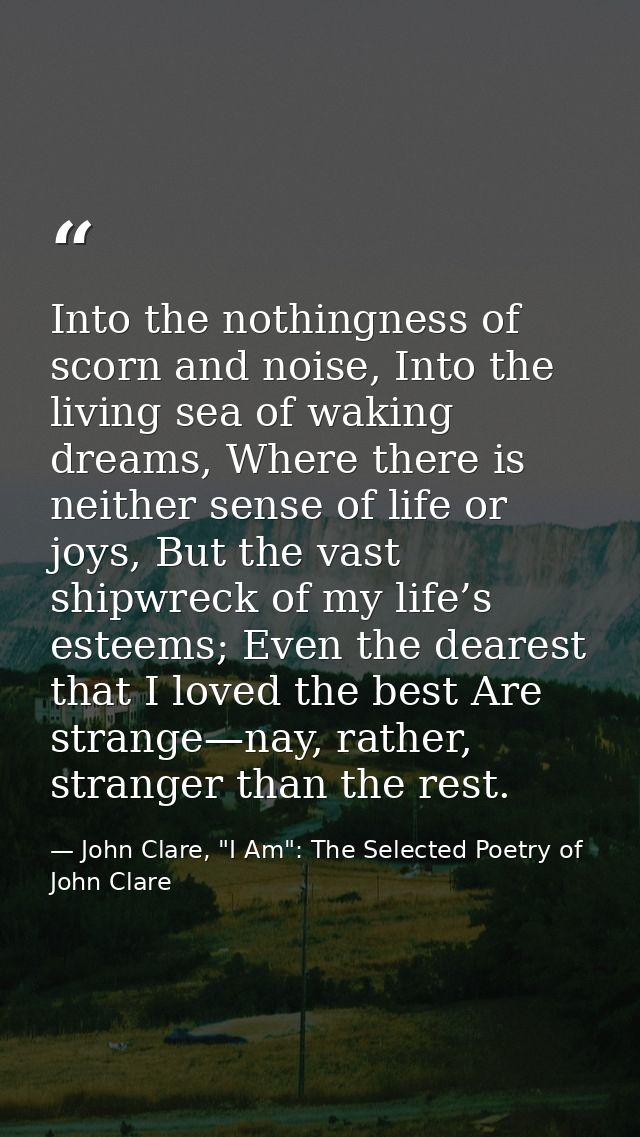 Into the nothingness of scorn and noise, Into the living sea of waking dreams, Where there is neither sense of life or j — John Clare, "I Am": The Selected Poetry of John Clare