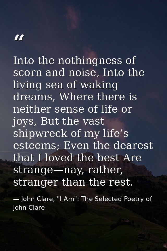 Into the nothingness of scorn and noise, Into the living sea of waking dreams, Where there is neither sense of life or j — John Clare, "I Am": The Selected Poetry of John Clare