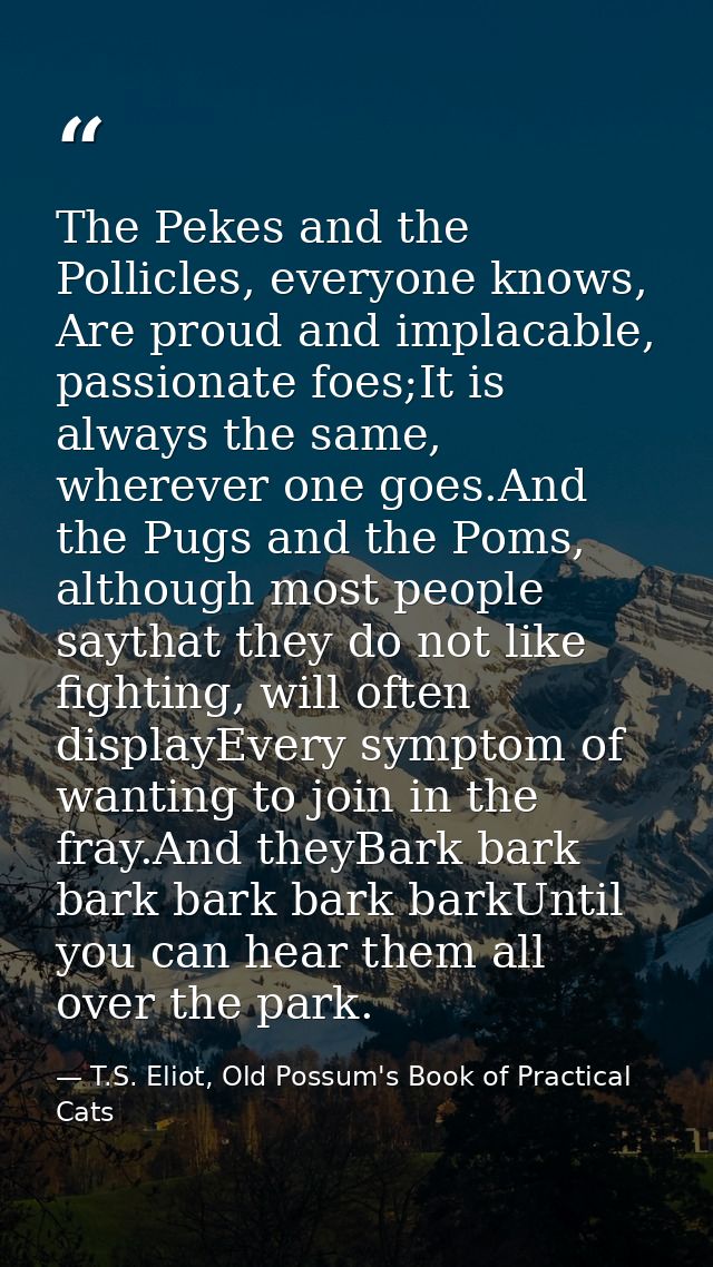 The Pekes and the Pollicles, everyone knows, Are proud and implacable, passionate foes;It is always the same, wherever o — T.S. Eliot, Old Possum's Book of Practical Cats