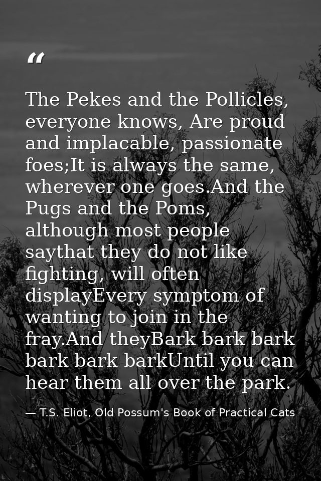 The Pekes and the Pollicles, everyone knows, Are proud and implacable, passionate foes;It is always the same, wherever o — T.S. Eliot, Old Possum's Book of Practical Cats