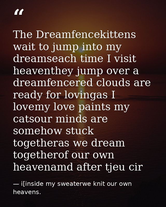 The Dreamfencekittens wait to jump into my dreamseach time I visit heaventhey jump over a dreamfencered clouds are ready — i[inside my sweaterwe knit our own heavens.