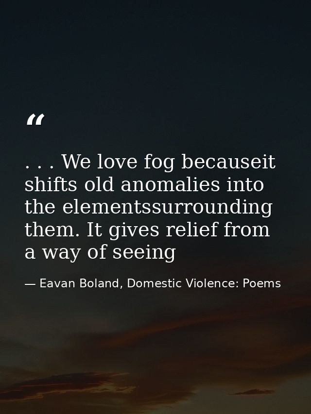 . . . We love fog becauseit shifts old anomalies into the elementssurrounding them. It gives relief from a way of seeing — Eavan Boland, Domestic Violence: Poems