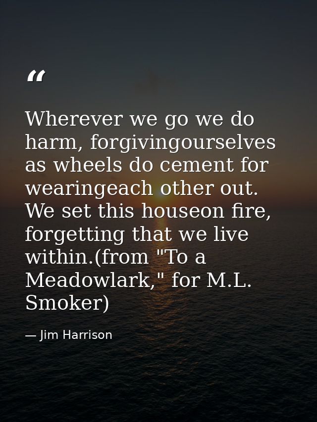Wherever we go we do harm, forgivingourselves as wheels do cement for wearingeach other out. We set this houseon fire, f — Jim Harrison