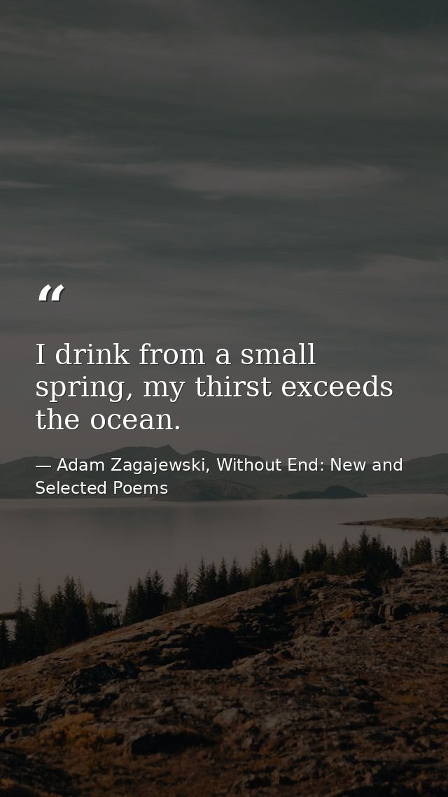 I drink from a small spring, my thirst exceeds the ocean. — Adam Zagajewski, Without End: New and Selected Poems
