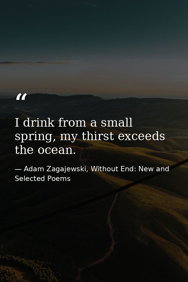 I drink from a small spring, my thirst exceeds the ocean. — Adam Zagajewski, Without End: New and Selected Poems