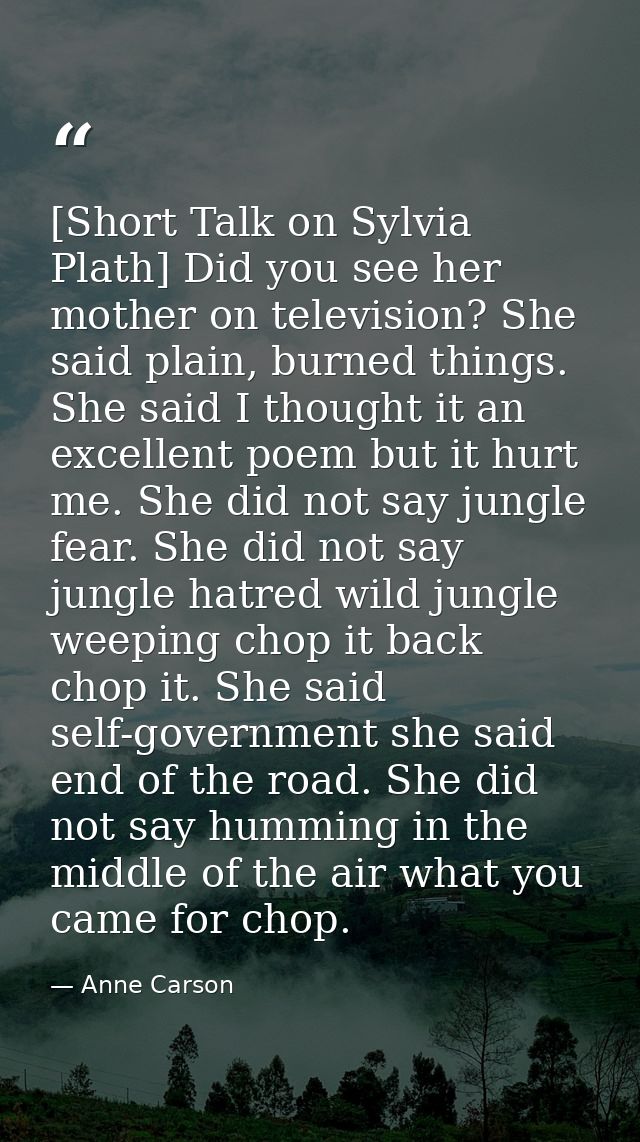 [Short Talk on Sylvia Plath] Did you see her mother on television? She said plain, burned things. She said I thought it  — Anne Carson