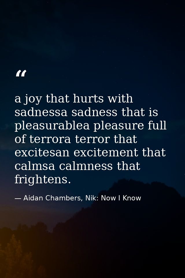 a joy that hurts with sadnessa sadness that is pleasurablea pleasure full of terrora terror that excitesan excitement th — Aidan Chambers, Nik: Now I Know