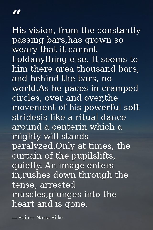 His vision, from the constantly passing bars,has grown so weary that it cannot holdanything else. It seems to him there  — Rainer Maria Rilke