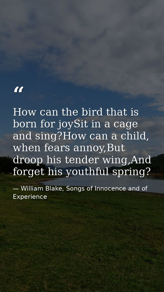 How can the bird that is born for joySit in a cage and sing?How can a child, when fears annoy,But droop his tender wing, — William Blake, Songs of Innocence and of Experience