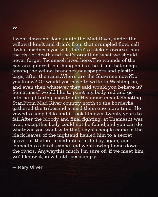 I went down not long agoto the Mad River, under the willowsI knelt and drank from that crumpled flow, call itwhat madnes — Mary Oliver