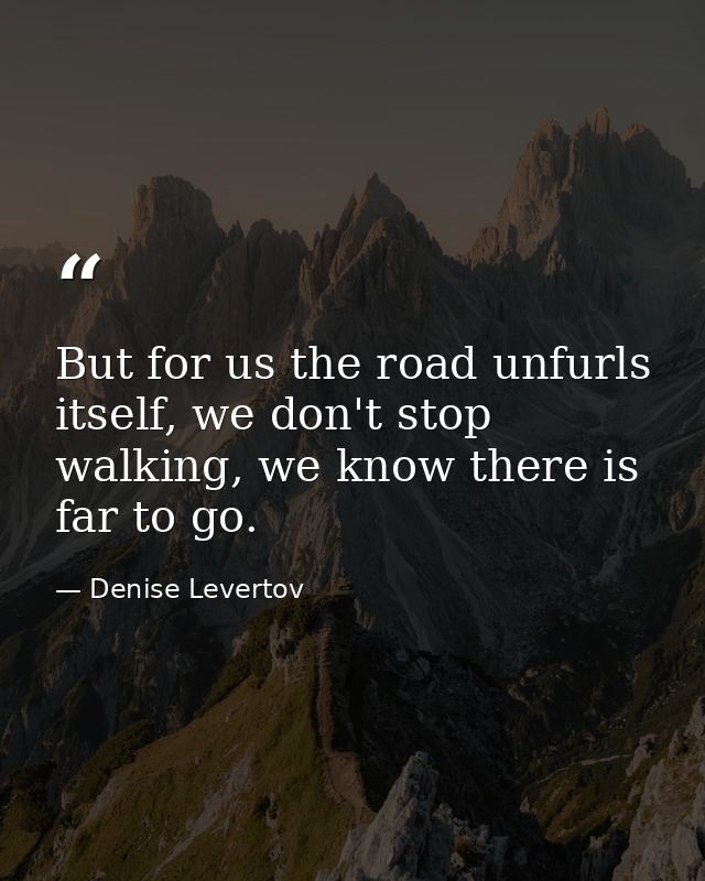 But for us the road unfurls itself, we don't stop walking, we know there is far to go. — Denise Levertov