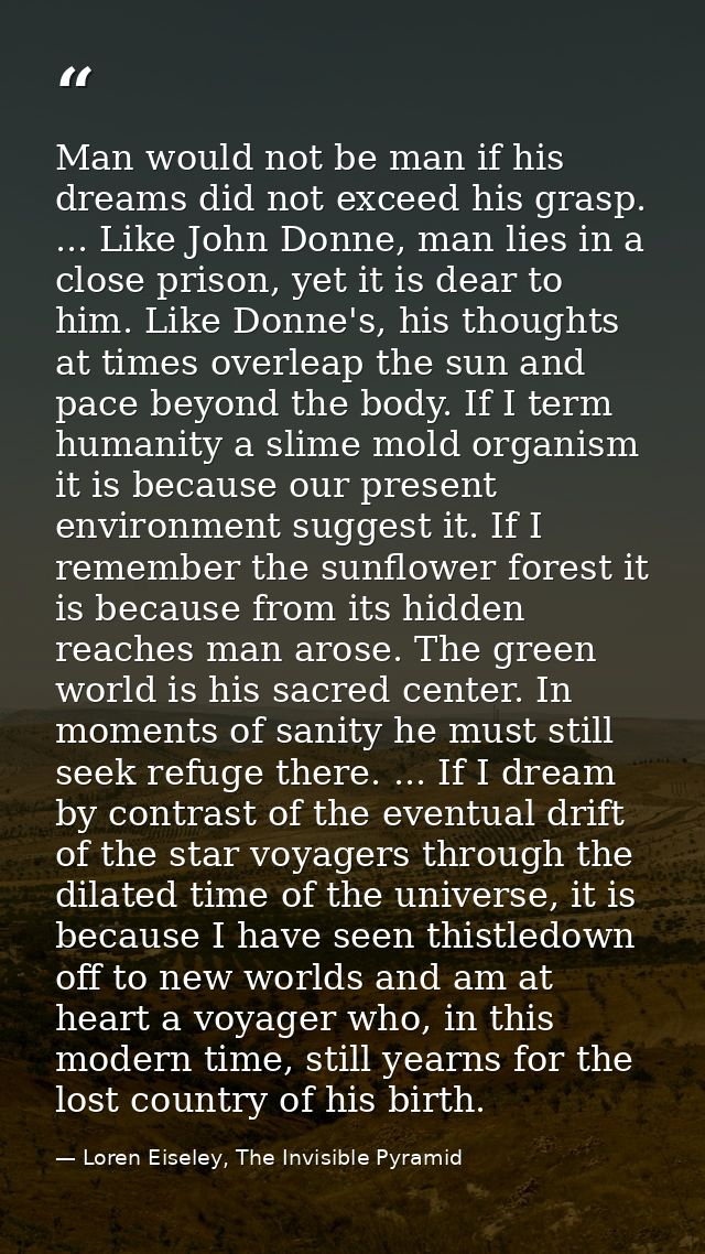 Man would not be man if his dreams did not exceed his grasp. ... Like John Donne, man lies in a close prison, yet it is  — Loren Eiseley, The Invisible Pyramid