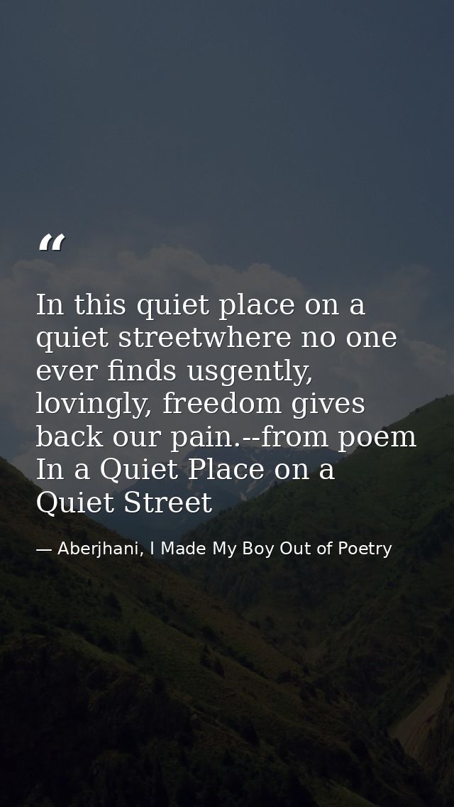 In this quiet place on a quiet streetwhere no one ever finds usgently, lovingly, freedom gives back our pain.--from poem — Aberjhani, I Made My Boy Out of Poetry
